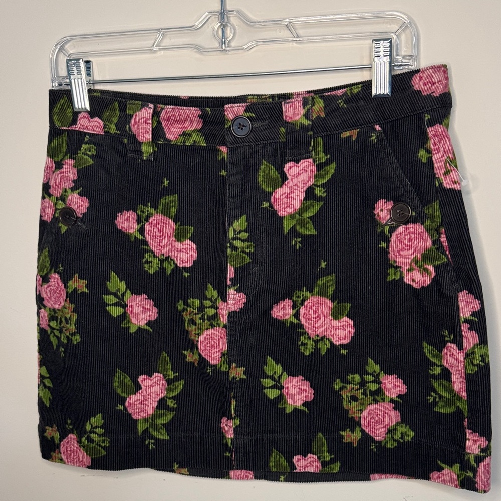 wild fable Black Corduroy Mini Skirt with Pink Rose Print